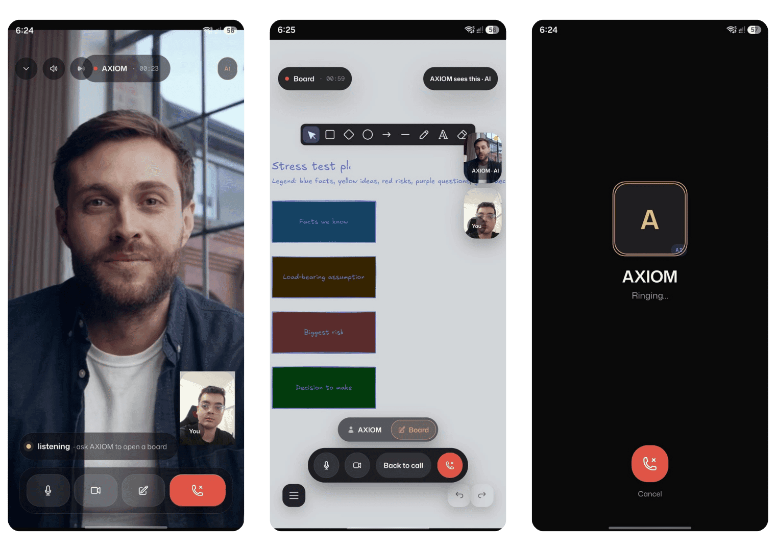 Calynta on a phone: a live call with an AI advisor named Axiom, the advisor's face filling the screen, a shared board open beside it, and an incoming call ringing.
